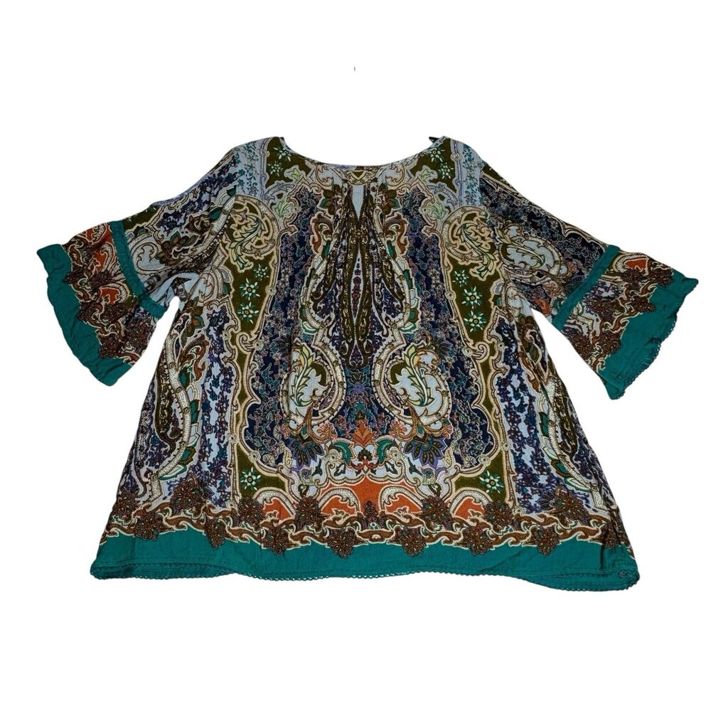 Bila Women’s XXL Boho Paisley Cold Shoulder Blouse Bell Sleeve Rayon Top - Picture 9 of 9